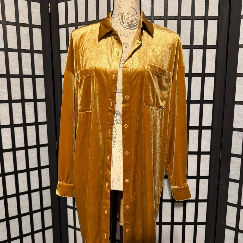 Gold Velvet Button-Up Shirt dress